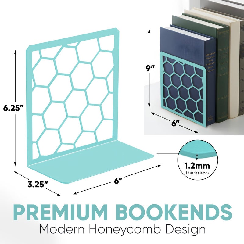 GEOMOD Geometric Honeycomb Turquoise Metal Bookends Decorative - Tall Sturdy Book Ends for Shelves - Modern Heavy Duty Bookend Stopper - Office Shelf Book Holder - 6x3.25x6.25 Inches - 1 Pair - Image 2